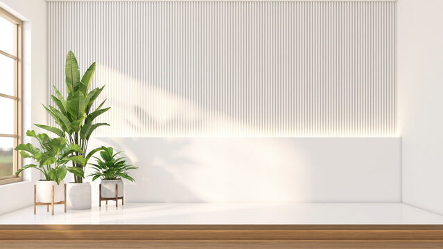 Minimalist empty room with a raised wooden floor and white wall. On the side are green indoor plant. 3D rendering