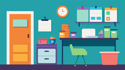 An organized corner in the laundry room with a small desk a bulletin board for calendar and deadlines and clearly labeled bins for school supplies.. Vector illustration