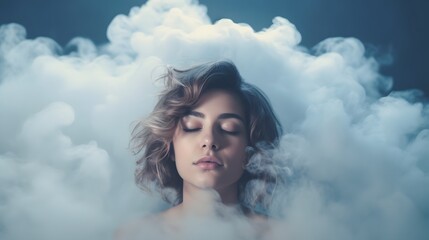 Beautiful woman surrounded by clouds. Restless mood and relaxation concept. Generative AI.