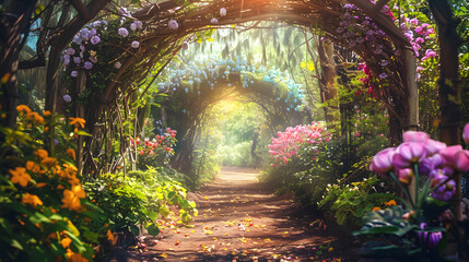 beautiful secret fairytale garden with flower background. Generative AI.