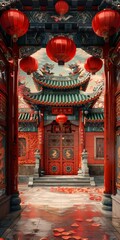 Traditional Chinese Architecture with Red Lanterns