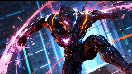 Anime 3D poster cartoon comics scene superhero invader superpower hitting enemy