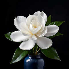 close up image of a white gardenia flower isolated on dark blue in a vase black baground generate ai