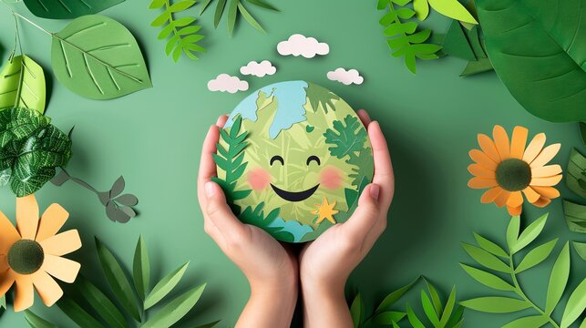Hands holding a smiling earth paper cutout, symbolizing Earth Day, sustainable living, and climate action
