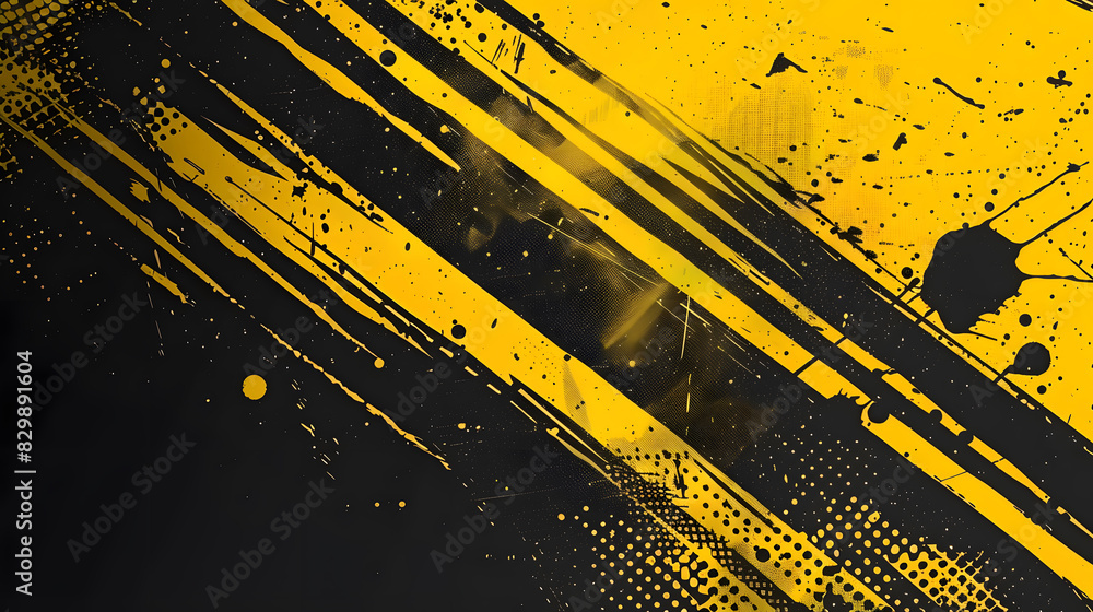 Poster black and yellow abstract background with brushstroke and halftone style. generative ai.