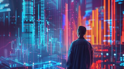 Person surrounded by digital data streams