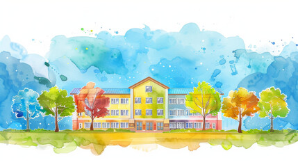 Colorful Watercolor Schoolhouse with Splashes of Blue and Orange, School building or university, college side view, Back to school