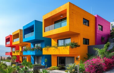 Fototapeta premium Colorful house facade for architectural themes created with Generative AI technology