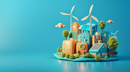 A Vibrant 3D Cartoon Illustration of a Futuristic Sustainable City for Environment Day