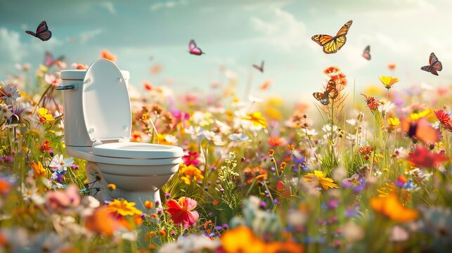 A toilet bowl in a colorful field of wildflowers, with butterflies fluttering around, emphasizing a fresh and natural environment