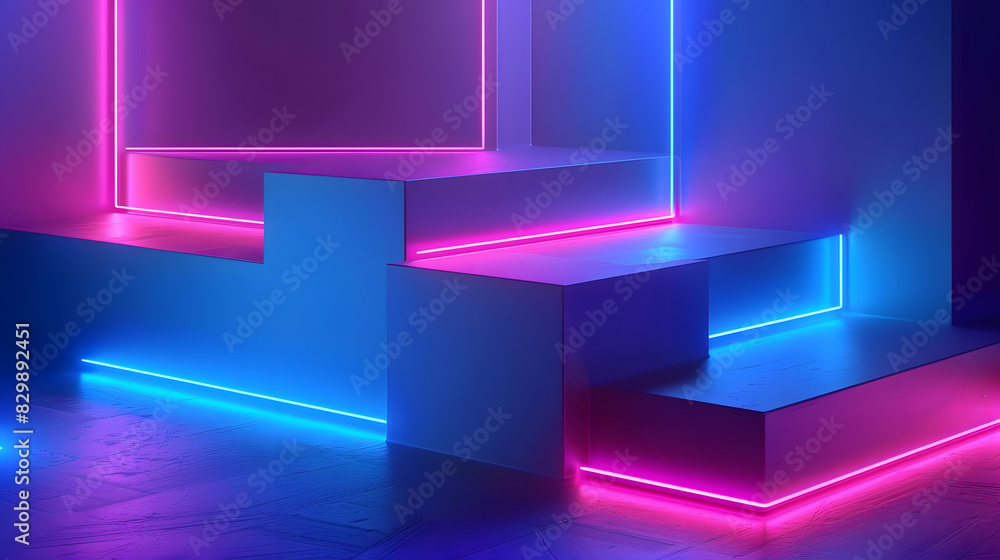 Poster blue and lilac blocks with neon lines background. generative ai.