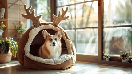 Corgi in an Antler-Shaped Dog House: Cozy and Warm Pet Home Decor, Wide-Angle Lens in Natural Light