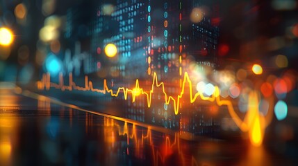 A blurred background of stock market charts with an ECG line in the foreground, representing health and wellness on a blurry business backdrop.