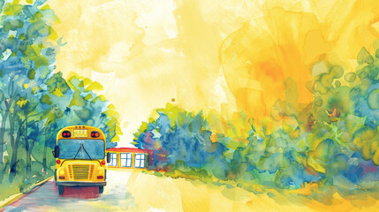Return to school, yellow bus watercolor and text space, first day of study, university, banner