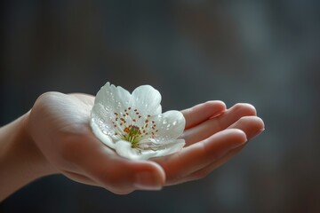 A hand holding a white flower