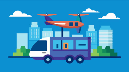 Efficient and versatile the eVTOL cargo transport can navigate both air and land seamlessly transitioning from the sky to street level to make deliveries with precision and. Vector illustration