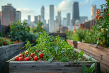 A cityscape with a garden of tomatoes and other plants