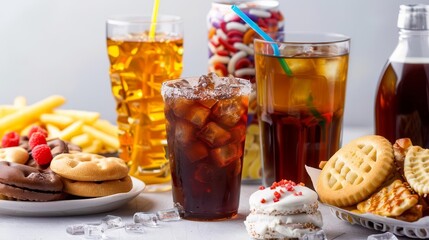 assortment of unhealthy junk food snacks and drinks obesity and diet concept still life