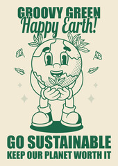 Go Green Sustainability Poster with Earth Retro Mascot Illustration Outline Version