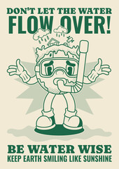 Flood Poster with Earth Retro Mascot Illustration Outline Version