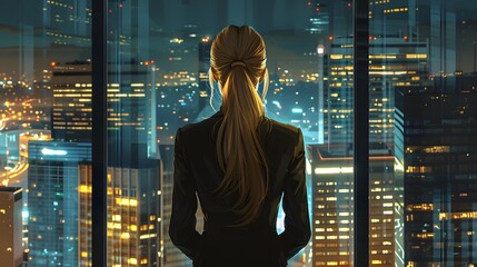 A businesswoman with her back to the camera, wearing professional attire and looking out the office window at city lights.