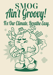 Pollution Poster with Earth Retro Mascot Illustration Outline Version