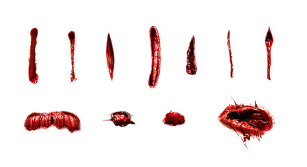 bloody wound marks isolated transparent background PNG. Knife marks. Surgery. Horror Halloween concept. Injury, cut, laceration, gash, lesion, scratch, contusion, bleeding marks.