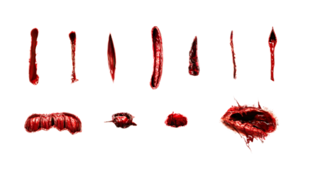 bloody wound marks isolated transparent background PNG. Knife marks. Surgery. Horror Halloween concept. Injury, cut, laceration, gash, lesion, scratch, contusion, bleeding marks.