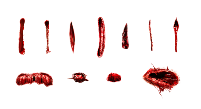 bloody wound marks isolated transparent background PNG. Knife marks. Surgery. Horror Halloween concept. Injury, cut, laceration, gash, lesion, scratch, contusion, bleeding marks.