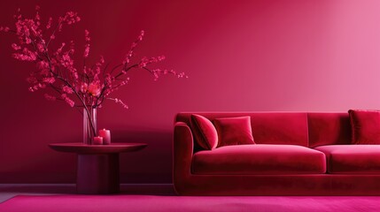 Minimalistic velvet magenta interior with sofa and a table with vase and flowers with sunlight from the window