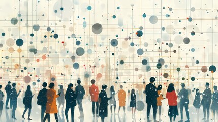 Create a digital illustration of people connecting through technology. Depict individuals using phones or laptops, connected by lines symbolizing digital communication. Use a minimalist style with