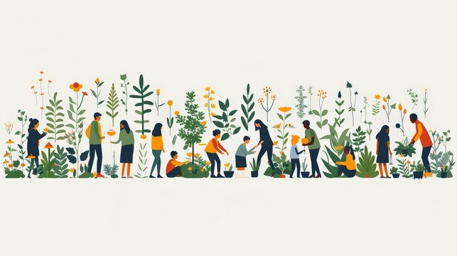 Create an artwork highlighting communal activities in a minimalist style. Depict people gardening, cleaning, or building something together. Use simple shapes and muted colors to convey the
