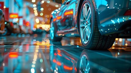 A car showroom with cars parked on the left, blurred background, and a closeup of one gray vehicle's tires in focus.