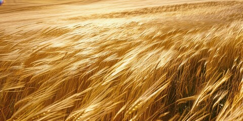 The image shows a field of ripe wheat blowing in the wind.