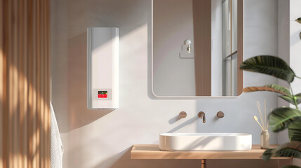 Smart water heater with voice control in a minimalist bathroom featuring a floating mirror and integrated washbasin sink