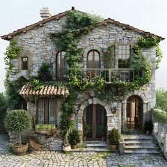Stone house exterior with plants