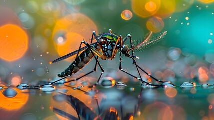 A closeup of a spacious green and black mosquito with its long, fine legs standing on the surface of water droplets, with its head raised towards the sky, surrounded by blurred colorful light spots.