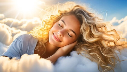 Portrait of a beautiful young woman with long blonde curly hair and closed eyes, sleeping or napping, lying on its side with his hands under his head, on fluffy white clouds. Generative Ai. - Powered by Adobe