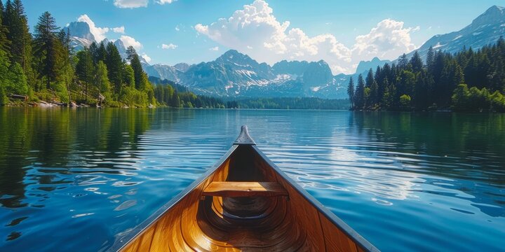 The image shows a wooden rowboat on a calm lake surrounded by green hills and mountains in the distance