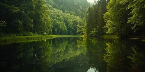 Obraz premium The photo shows a beautiful green forest with a river running through it
