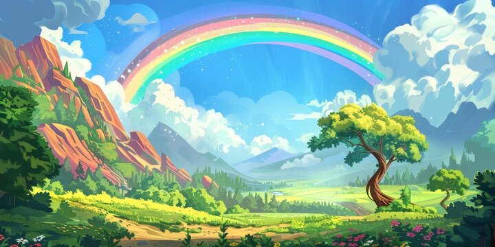 The photo shows a beautiful landscape with a rainbow over the mountains. The foreground is a green field with a tree.