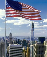 The American flag is flying high above a city skyline