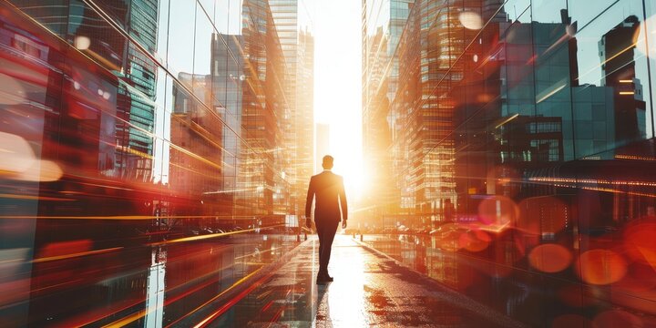 The photo shows a man walking down a busy city street. The sun is shining brightly and the city is bustling with activity.