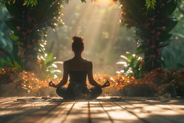 Tranquil yogi amidst verdant Balinese forest practicing serene asanas under the warm summer sun background with empty space for text