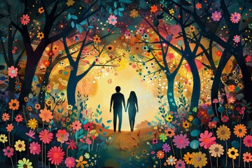 Romantic couple holding hands in vibrant forest with colorful flowers. Sunlight streaming through trees, creating a magical atmosphere. Celebrating love, diversity, and inclusivity