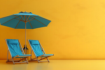 Blue beach umbrella and chairs on yellow background. Summer concept, 3d render