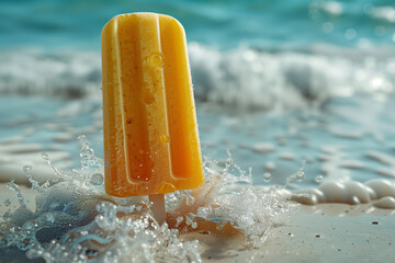 Vivid orange mango popsicle dripping with refreshing sweetness stands stark against a turquoise sea and sandy beach backdrop , 3d render