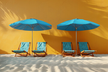 Blue beach umbrella and chairs on yellow background. Summer concept, 3d render