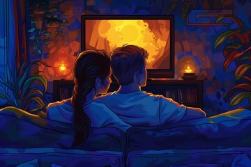 Couple watching TV together in a cozy living room. Warm lighting and relaxed atmosphere. Celebrating love, inclusivity, and togetherness. Highlighting LGBTQ+ happiness and intimate moments