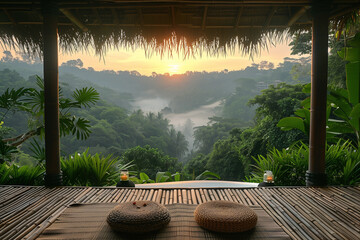 Summer yoga retreat in a serene Balinese forest, relax concept